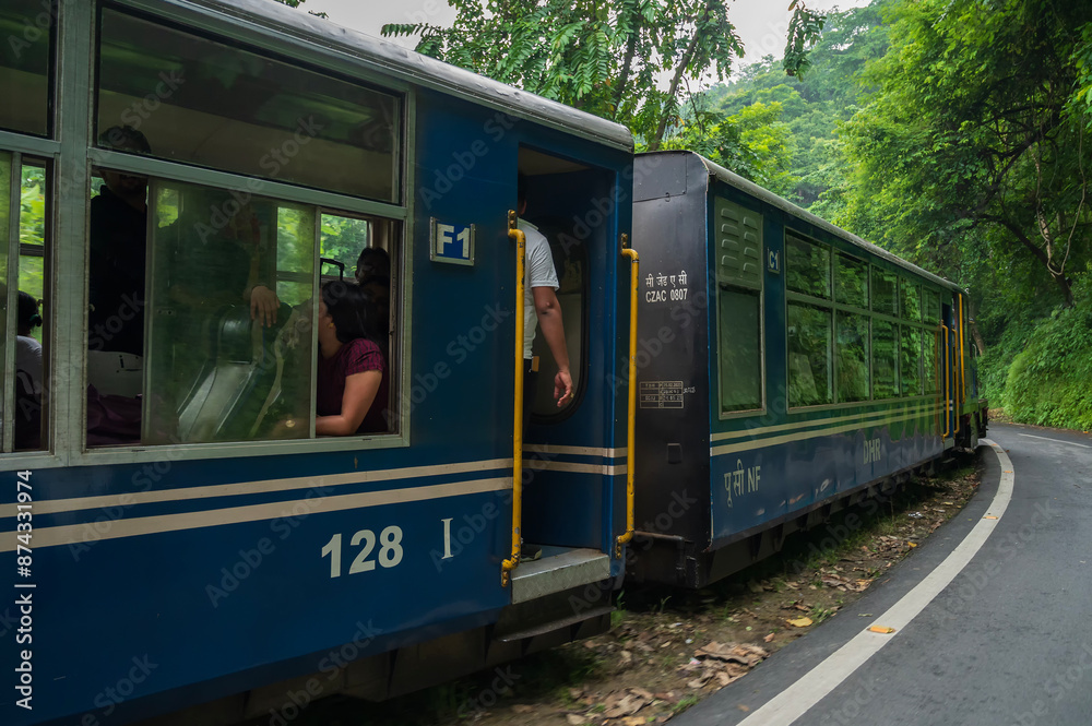 Naklejka premium Darjeeling,West Bengal,India - 10th August 2023 : Diesel Toy train passing through Himalayan roads and jungle. Darjeeling Himalayan Railway, narrow gauge railway between New Jalpaiguri and Darjeeling.