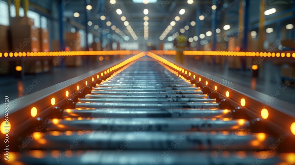 The image captures a close-up perspective of a long conveyor belt system in a modern warehouse or manufacturing facility with blurred background and glowing lightsconveyor belt The image captures a close-up perspective of a long conveyor belt system in a modern warehouse or manufacturing facility with blurred background and glowing lightsconveyor belt