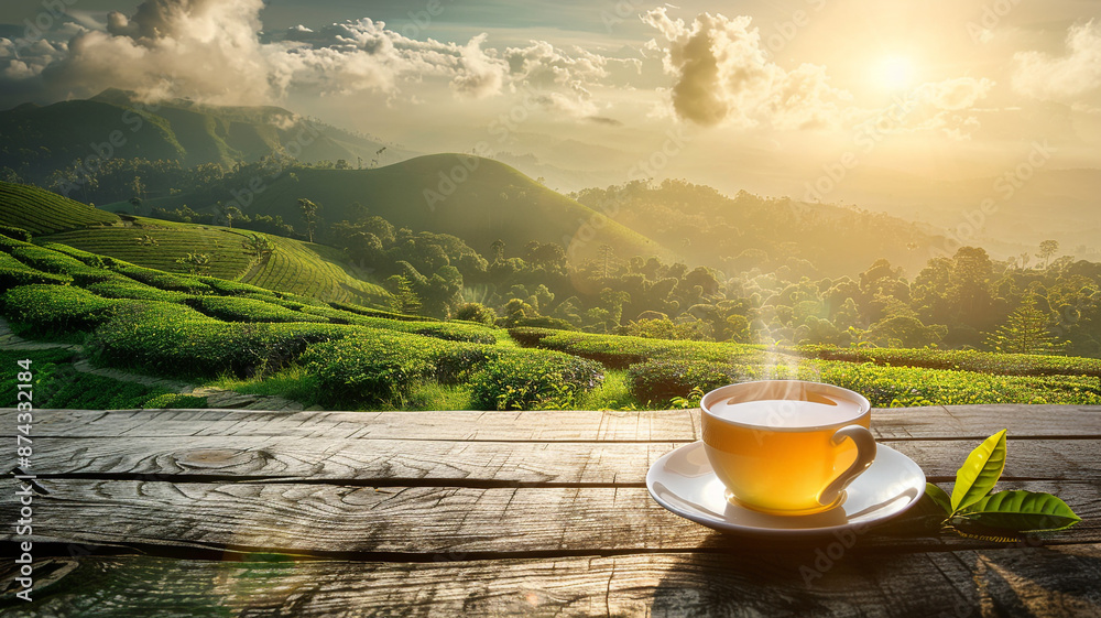 A cup of green tea on the wooden table at lush tea gardens. A cup of green tea on the wooden table at lush tea gardens.