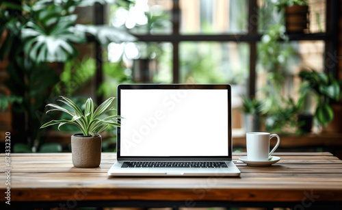 Laptop with Blank White Screen on Wooden Table in Coffee Shop with Blur Green Plant Background Template for Online Business Platform