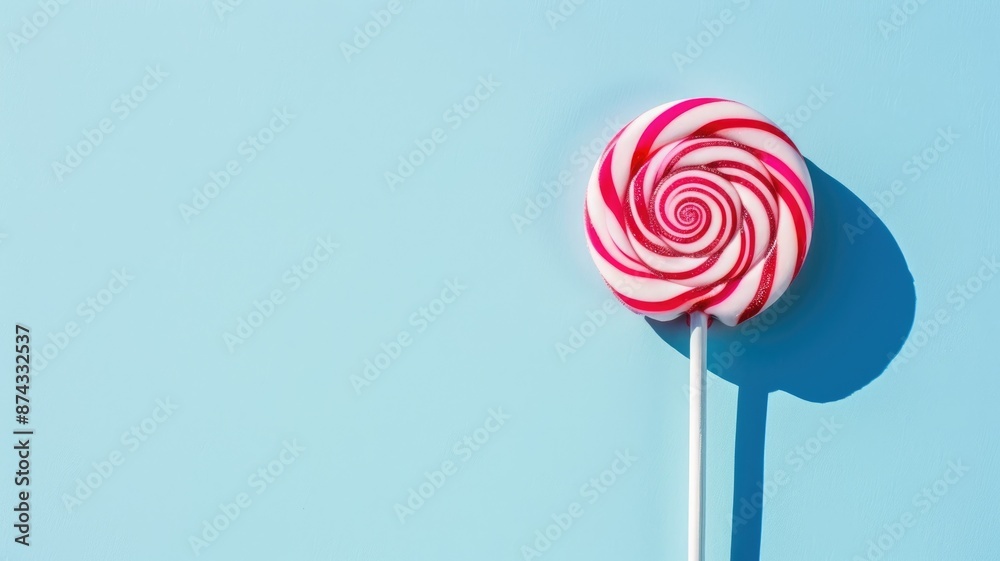 Red and white swirled lollipop against blue background Red and white swirled lollipop against blue background