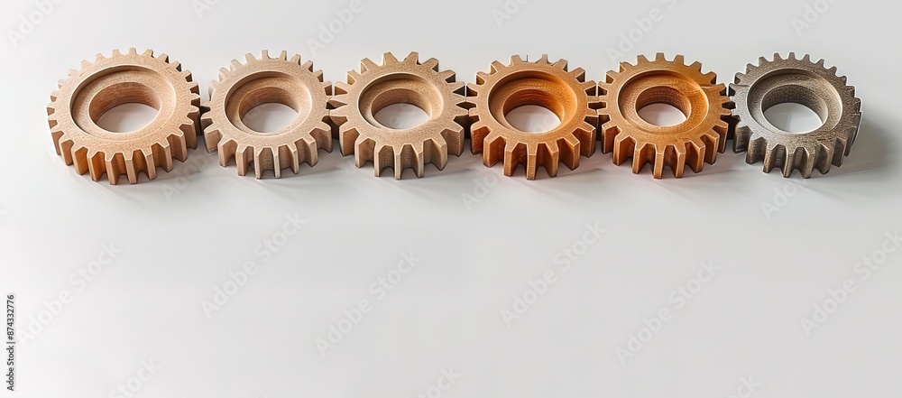A row of gears made of wood is located on a white background A row of gears made of wood is located on a white background
