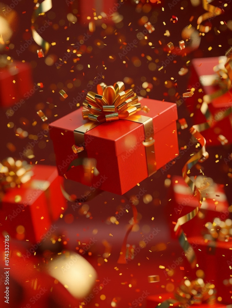 Festive Red Gift Boxes with Golden Ribbons and Confetti Celebration Festive Red Gift Boxes with Golden Ribbons and Confetti Celebration
