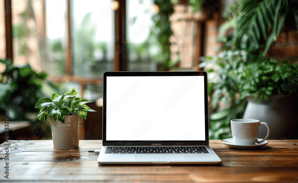 Laptop with white screen on wooden table in coffee shop, cup of coffee, green plant blurred background, high quality stock photo for business platform mockup, ideal for technology concepts Laptop with white screen on wooden table in coffee shop, cup of coffee, green plant blurred background, high quality stock photo for business platform mockup, ideal for technology concepts