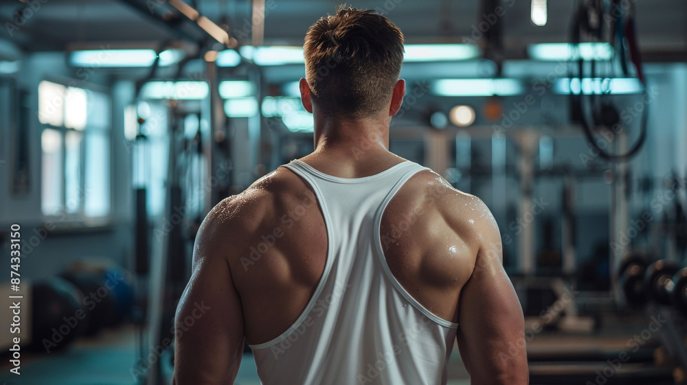 A muscular man is standing with his back to the camera in the gym. A muscular man is standing with his back to the camera in the gym.