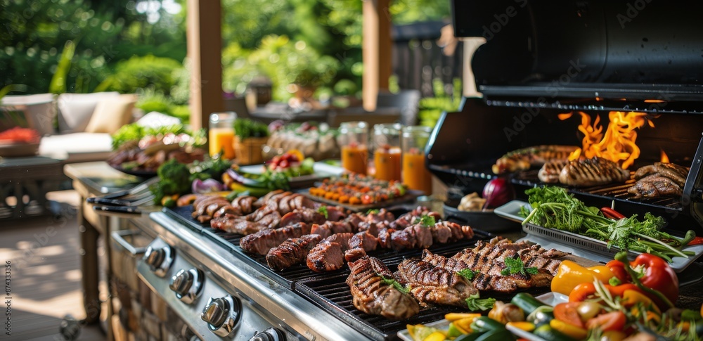 Obraz premium Outdoor Summer BBQ Feast With Grilled Meats and Vegetables