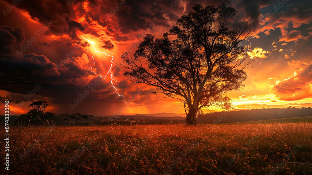 a tree in the middle of a grassy field with lightning striking a tree in the middle of a grassy field with lightning striking
