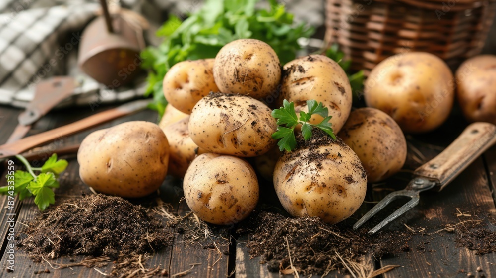 Freshly Dug Potatoes Covered in Soil on Wooden Table with Gardening Tools Nearby Freshly Dug Potatoes Covered in Soil on Wooden Table with Gardening Tools Nearby