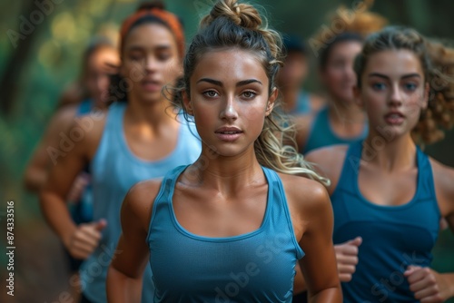 Young Woman Running With Group During Outdoor Workout © fotofabrika