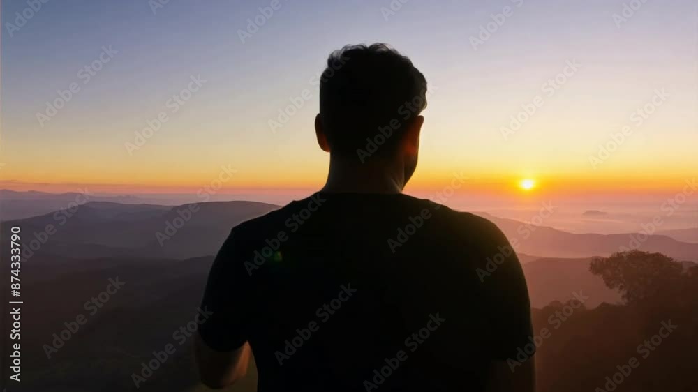 Standing alone against a fiery sunset, a lone figure in black gazes out at the horizon Standing alone against a fiery sunset, a lone figure in black gazes out at the horizon