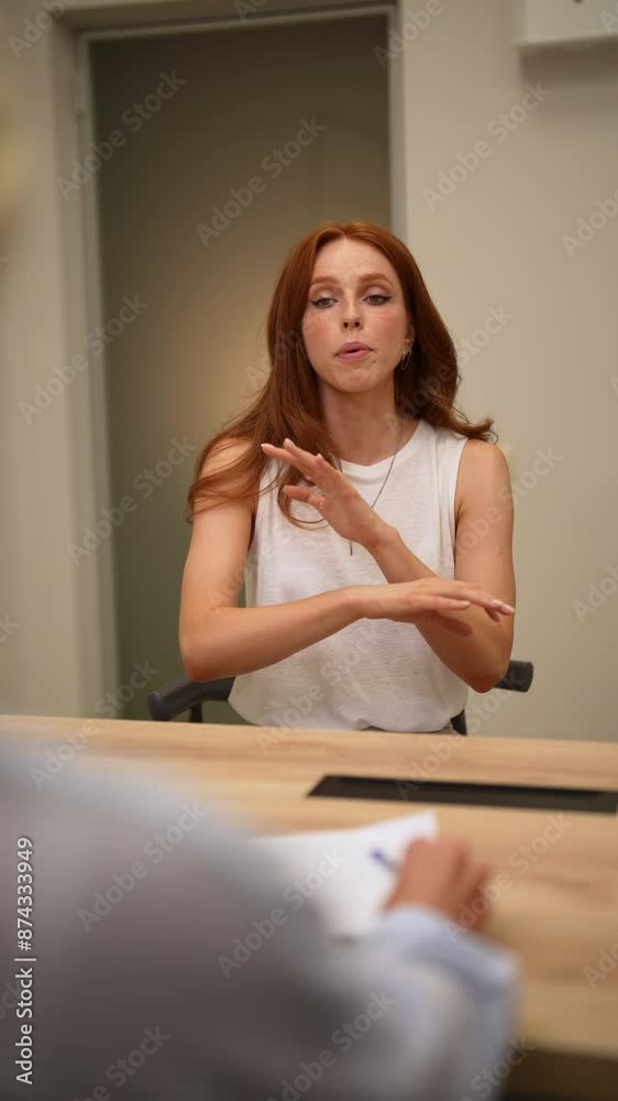 Vertical rear view shot of annoyed woman telling to unrecognizable female psychologist during consultation session. Disappointed in marriage wife complaining on husband, getting psychological help. Vertical rear view shot of annoyed woman telling to unrecognizable female psychologist during consultation session. Disappointed in marriage wife complaining on husband, getting psychological help.