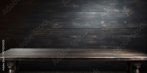 Dark wooden table against a wooden wall background