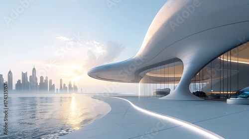 Futuristic Cityscape with Curved Architectural Structures at Sunset