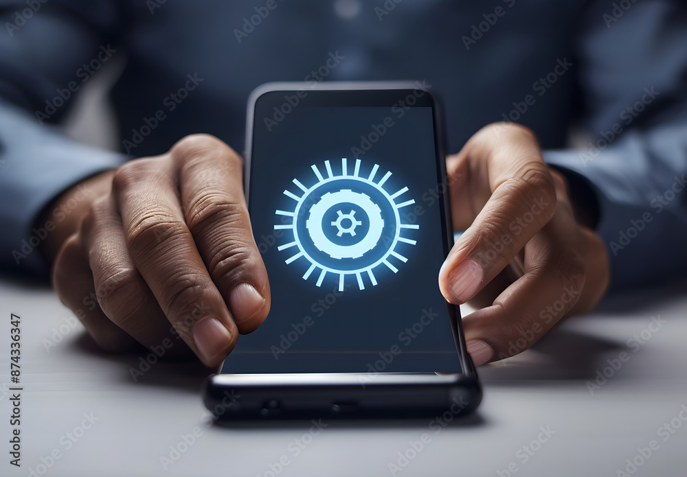 Software update or operating system upgrade on smartphone. Installing an update bar, Improved functionality in the new version and improving security design Software update or operating system upgrade on smartphone. Installing an update bar, Improved functionality in the new version and improving security design