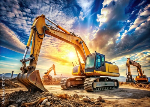 Wallpaper Mural Large excavator stands proudly at a busy construction site, its bright yellow arm reaching up towards the vibrant blue sky, surrounded by heavy machinery. Torontodigital.ca
