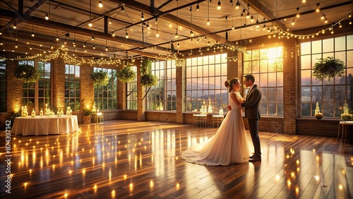 Romantic studio setting captures the essence of a wedding celebration, with a beautiful empty dance floor illuminated by warm backlighting, awaiting the happy couple's first dance. photo