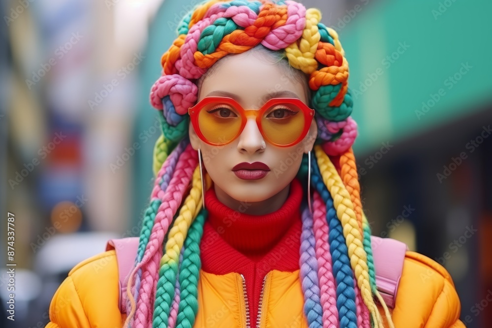 The woman with colorful braids, exuding confidence in a modern, fashionable outfit. The woman with colorful braids, exuding confidence in a modern, fashionable outfit.