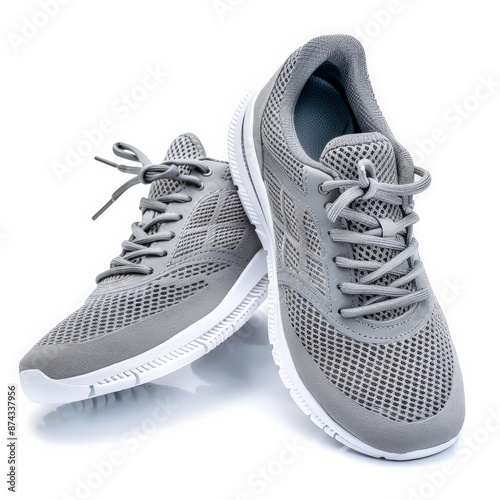 Comfortable grey mesh running shoes with white soles, isolated on white background.