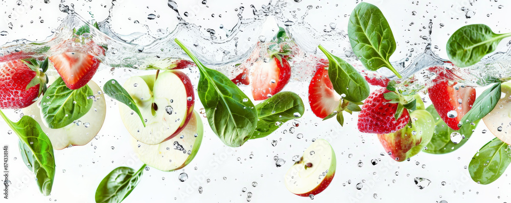 Crisp apples, strawberries, and spinach leaves flying through the air with water splashes, set against a bright white background, symbolizing health and freshness. Crisp apples, strawberries, and spinach leaves flying through the air with water splashes, set against a bright white background, symbolizing health and freshness.