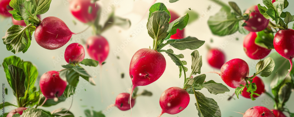 Crisp, red radishes flying in mid-air, with green leaves attached, showcasing their spicy flavor and crunchy texture. Crisp, red radishes flying in mid-air, with green leaves attached, showcasing their spicy flavor and crunchy texture.