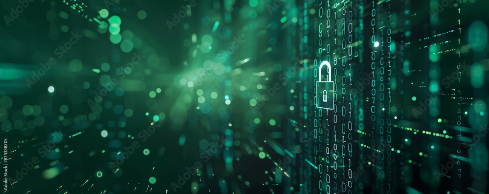 Cyber security theme with a padlock icon, data streams, and matrix code on a dark green background.