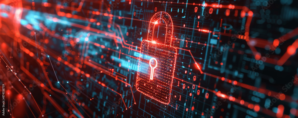 Digital cyber security concept with a 3D padlock, data streams, and a matrix of numbers and letters on a dark background. Digital cyber security concept with a 3D padlock, data streams, and a matrix of numbers and letters on a dark background.