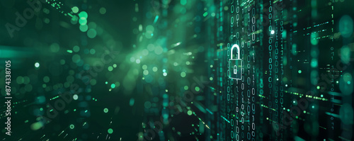 Obraz na płótnie Cyber security theme with a padlock icon, data streams, and matrix code on a dark green background. w salonie
