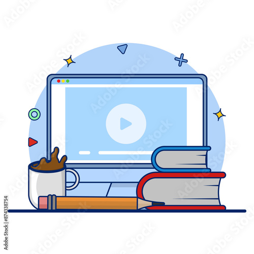 Online Education Concept. e-learning, online education at home. study or meet online via teleconferencing, internet classes, online teaching. Online tutorials. flat vector illustration on background.