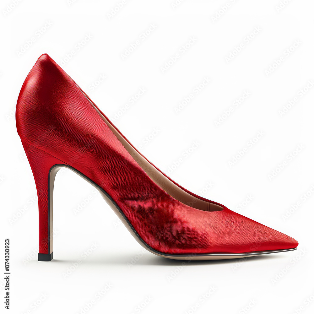 Obraz premium Elegant red satin heels with a pointed toe and stiletto heel, isolated on white background.