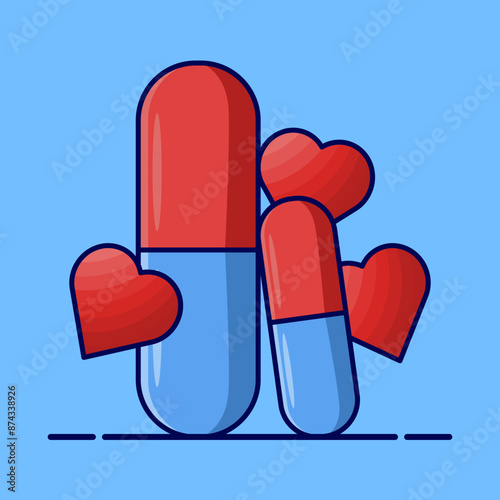 Capsule medicine concept, Open Capsule with Heart Symbol Vector Illustration. open pill capsule, pellets falling from capsule, pill composition, Medical Design Concept.