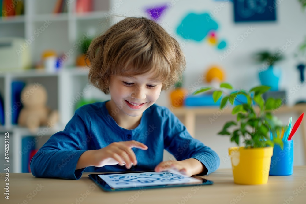 Happy child using a tablet for educational activities at home. Kid engaged in digital learning with a plant on the table, enjoying technology. Happy child using a tablet for educational activities at home. Kid engaged in digital learning with a plant on the table, enjoying technology.