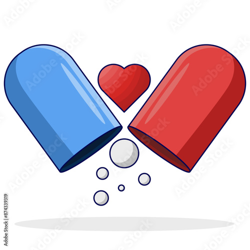 Capsule medicine concept, Open Capsule with Heart Symbol Vector Illustration. open pill capsule, pellets falling from capsule, pill composition, Medical Design Concept.