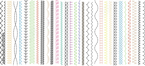 Sew stitch. Colorful seamless pattern brush embroidery thread seam, fabric sewing machine stitches line border, textile seam. Needlework