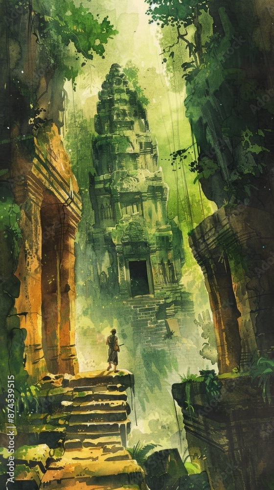A solo adventurer wanders through an ancient temple ruin in a verdant jungle, living the bucket list lifestyle, the journey is a blend of historical intrigue creating an unforgettable experience A solo adventurer wanders through an ancient temple ruin in a verdant jungle, living the bucket list lifestyle, the journey is a blend of historical intrigue creating an unforgettable experience