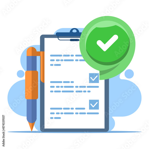 Completed task concept with check mark, all tasks have been completed, checklist work check, questionnaire or project evaluation, elements and modern for app or web. flat design vector illustration.