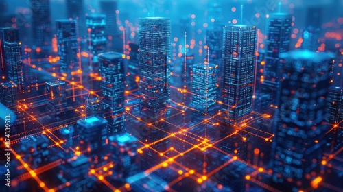 A digital illustration of a futuristic cityscape with towers connected by glowing lines