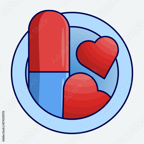 Capsule medicine concept, Open Capsule with Heart Symbol Vector Illustration. open pill capsule, pellets falling from capsule, pill composition, Medical Design Concept.