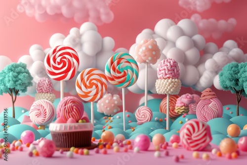 A vibrant display of colorful candy lollipops and other treats in a whimsical landscape setting