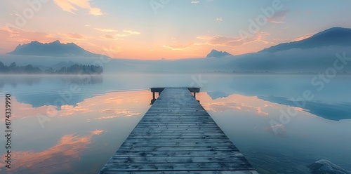 Foggy Mountain Lake Sunrise With Wooden Dock