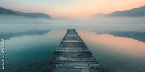 Foggy Mountain Lake Sunrise With Wooden Dock