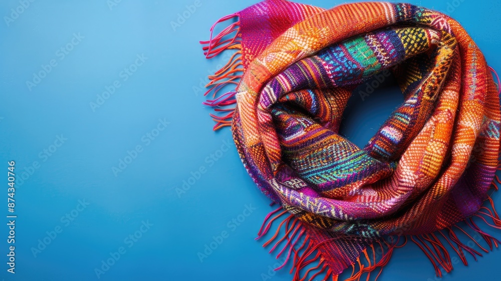 Naklejka premium Colorful patterned scarf on bright blue background