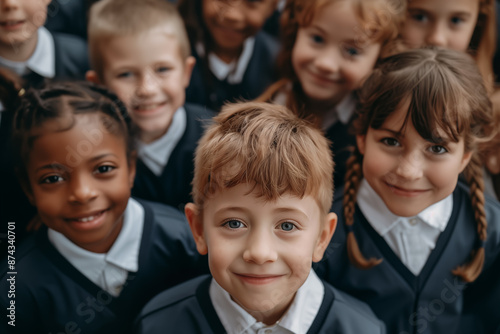 Portrait of a group of diverse smiling schoolchildren. Close up of happy school boys and girls smiling for the camera, shot from above. Back to school.