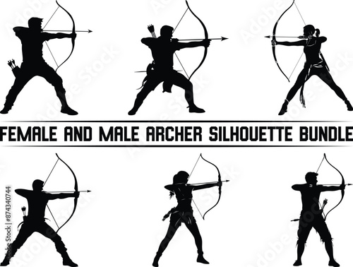 Archer silhouette bundle, isolated on a white background. Man archer bending bow and aiming in target. The sportsman holds the bow and arrow. Men shooting arch.