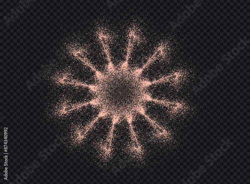 Salt or sugar crystal powder, flying dust particles. Pink dust grain texture isolated on dark background. Crushed granules of sand or himalayan salt in star form. Vector illustration of spilled powder
