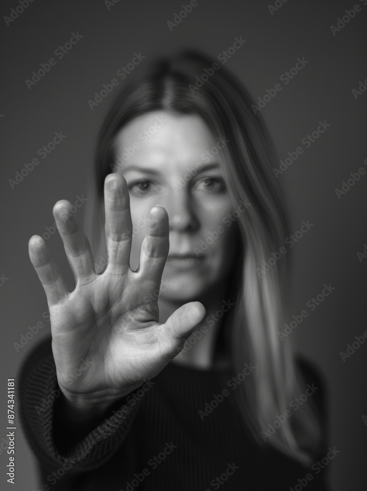 femme bras tendu et main ouverte devant elle en signe de protection, stop à la violence femme bras tendu et main ouverte devant elle en signe de protection, stop à la violence