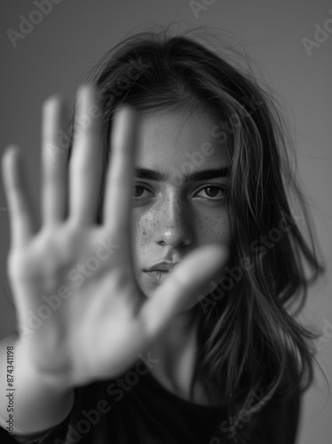 femme bras tendu et main ouverte devant elle en signe de protection, stop à la violence