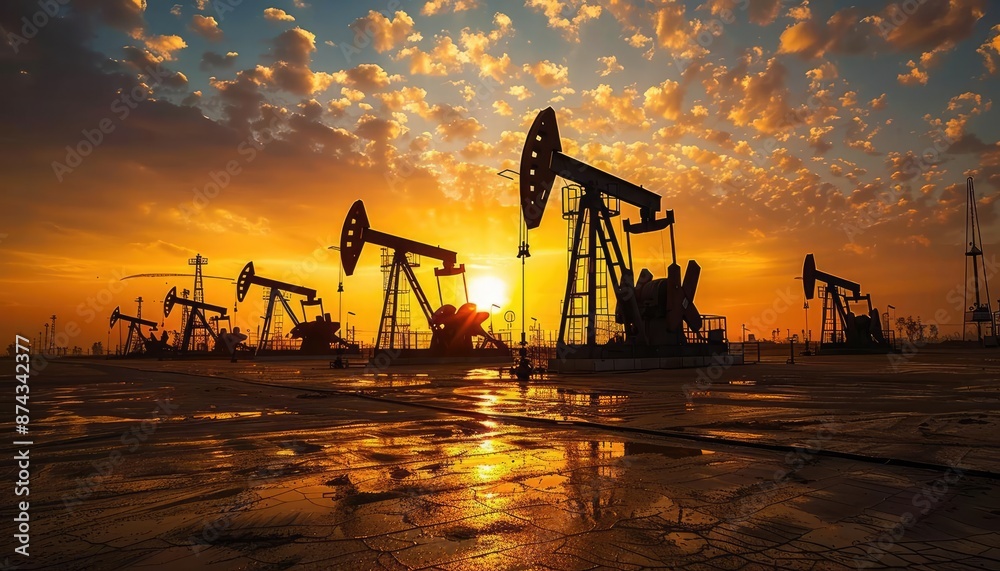 Silhouettes of oil pumps at sunset, reflecting the golden hour in a puddle. Silhouettes of oil pumps at sunset, reflecting the golden hour in a puddle.