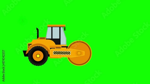 Road roller working on the construction site, A large yellow steamroller flatten hot asphalt, steamroller turning into a freshly paved driveway to compact the hot asphalt, green screen background