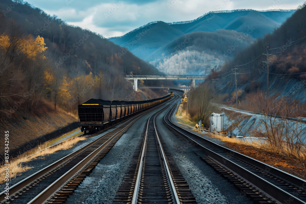 Fototapeta premium Long coal train is transporting its cargo through a remote area of west Virginia on a cloudy day