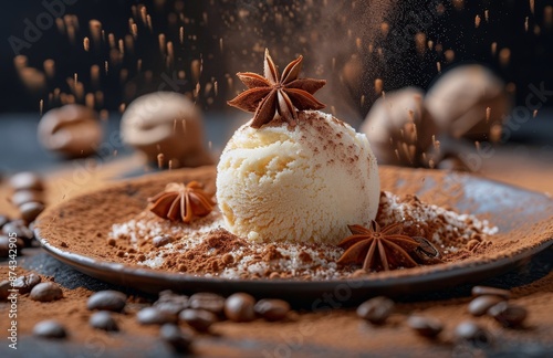 Vanilla Ice Cream With Star Anise and Cocoa Powder on a Plate